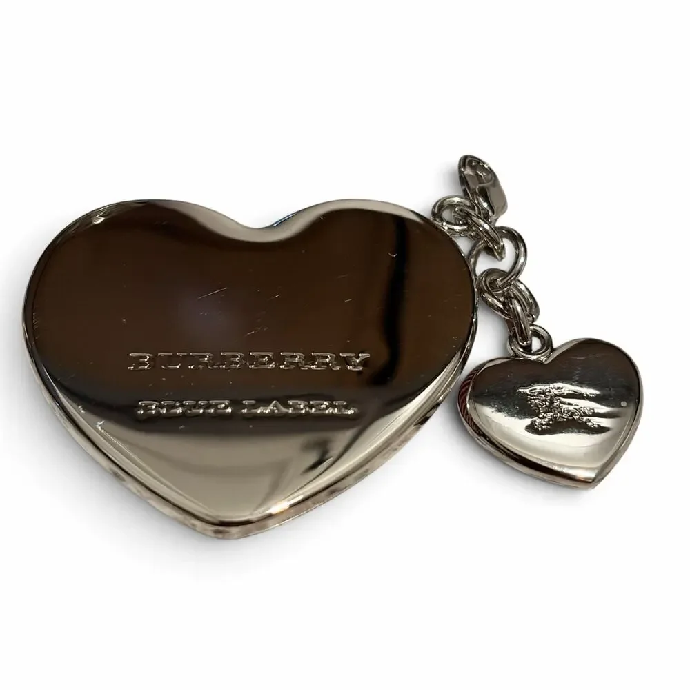 Burberry Blue Label Nova Check Heart Bag Charm Keychain Silver Tone Fob